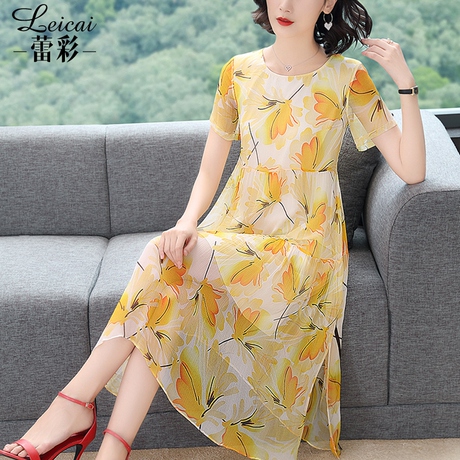 桑蚕丝真丝连衣裙女夏2019新款时尚印花中长款短袖宽松裙子4237商品大图