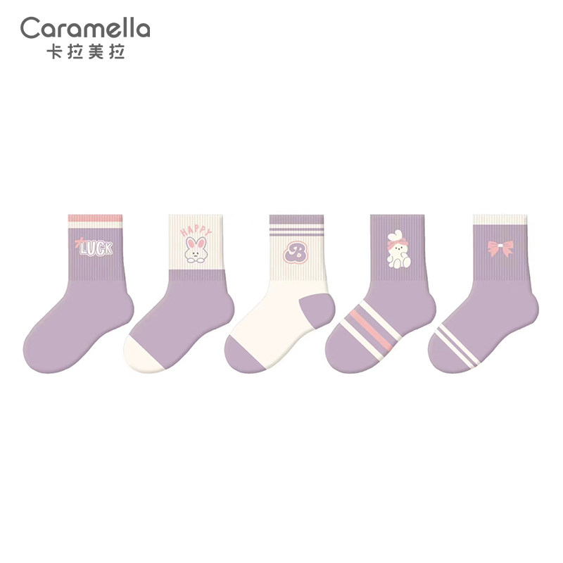 caramella女童儿童袜子可爱卡通纯棉中筒袜女孩宝宝棉袜学生童袜