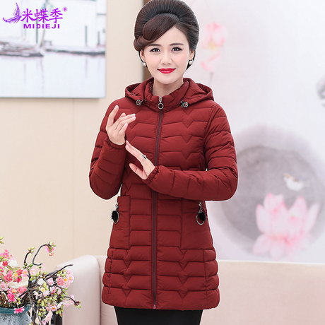 2018年秋冬新款中老年修身褶皱棉袄妈妈装4050岁中长款羽绒棉服女商品大图