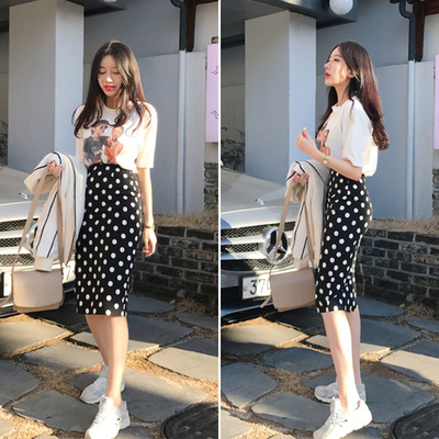 波点半身裙女2018新款春夏装复古chic高腰开叉包臀裙中长款一步裙