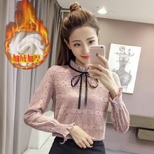 蕾丝衫秋装新款韩版潮修身上衣大码女装蕾丝打底衫女长袖加绒加厚图片