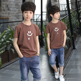 男童装夏季7短袖牛仔中裤套装8夏装9中大童1