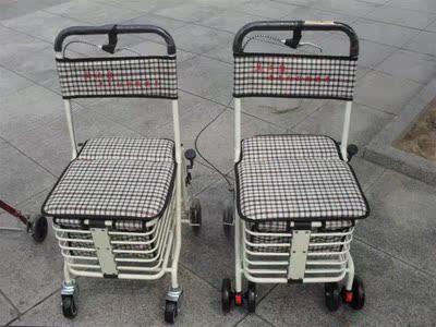 包邮带轮带坐老年购物车助行车 带凳拐棍老人拐杖四脚手杖可折叠