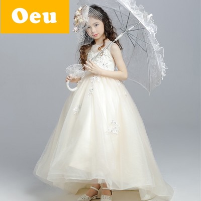 OEU女童公主裙花童礼服拖尾长裙蓬蓬裙钉珠时尚连衣裙拖地女XR730