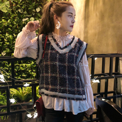 秋冬款新品毛边格纹V领无袖马甲背心潮搭配褶皱针织小立领衬衫女