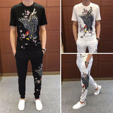 2018夏季潮牌男士套装潮流新款仙鹤烫钻刺绣社会小伙休闲两件套男