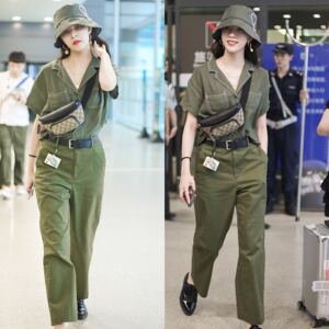 宋妍霏明星机场街拍同款军绿色西装领短袖高腰直筒裤套装女2019夏