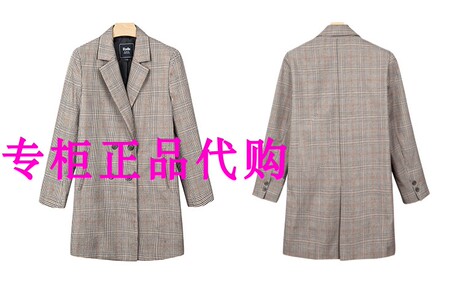 拉夏贝尔2018秋季新款百搭双排扣复古薄款格子西装外套女2T000613商品大图