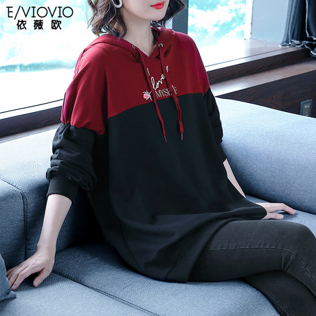宽松显瘦连帽卫衣加大码潮韩版女装胖mm新款200斤中长款长袖上衣商品大图