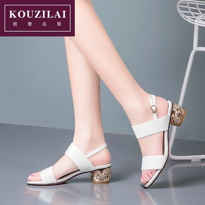 KOUZILAI羊皮中跟粗跟女士凉鞋女白色低跟简约一字扣2018gn801