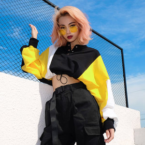 港风收腰现代舞长袖棒球服短款露脐撞色宽松T恤欧美学生爵士上衣