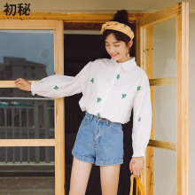 初秘2018秋季新品韩版清新可爱仙人掌刺绣衬衣宽松九分袖衬衫女装图片