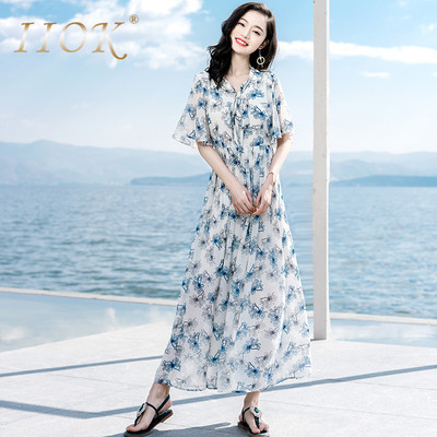 IIOK沙滩外套女士2018夏季裙子收腰雪纺连衣裙长裙波西米亚沙滩裙