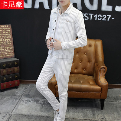 长袖小西装套装男秋季修身韩版潮流男士休闲薄款条纹帅气西服外套