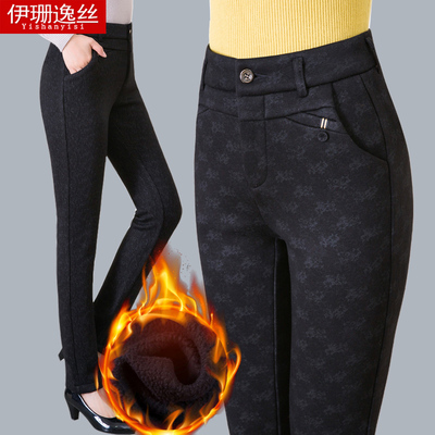 2017秋冬中年女裤加绒加厚妈妈装花裤子长裤高腰弹力休闲直筒裤女
