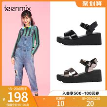 天美意夏季新款商场同款简约一字带厚底坡跟女凉鞋CDD02BL8