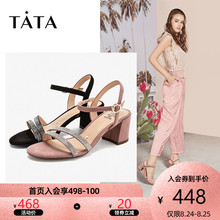 拼接一字带高跟女凉鞋 Tata他她2019夏专柜同款 2ICB6BL9