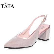 Tata/他她2018春专柜同款一字带尖头粗高跟女凉鞋S1213AH8
