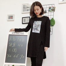 T恤女 休闲文艺学生侧开叉中长款 连衣裙韩版 惠衣阁春季毛圈棉长袖