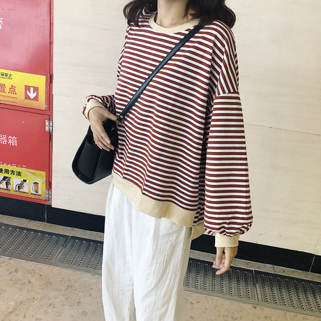 chic秋季卫衣女装韩版宽松百搭长袖学生圆领套头显瘦条纹bf上衣服商品大图