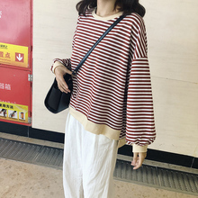 chic秋季卫衣女装韩版宽松百搭长袖学生圆领套头显瘦条纹bf上衣服图片