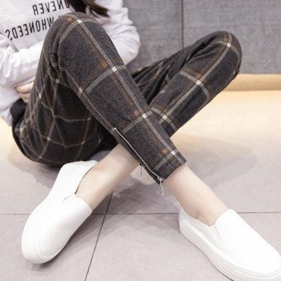 毛呢哈伦裤女裤子2018春秋新款韩版高腰学生萝卜裤宽松格子九分裤
