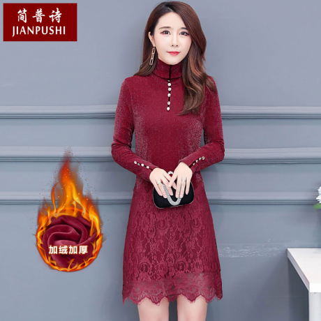简普诗2018秋冬新款中老年加绒加厚上衣女修身显瘦长袖蕾丝连衣裙商品大图