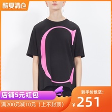 Cottia官方店铺19SS 春夏新款黑色CL印花宽松中长款T恤女上衣