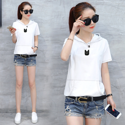 夏装2019新款初中高中学生带帽短袖t恤纯白夏天上衣女生丅恤女装