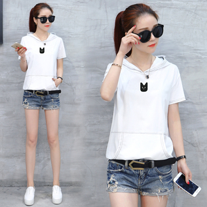 夏装2019新款初中高中学生带帽短袖t恤纯白夏天上衣女生丅恤女装