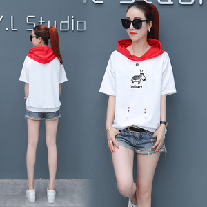 2018新款夏装少女上衣初中高中学生连帽卫衣女生宽松薄款T恤女装