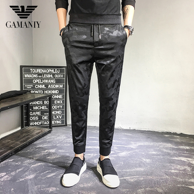 奇阿玛尼亚修身迷彩九分裤精神小伙裤子男潮流薄款小脚休闲哈伦裤