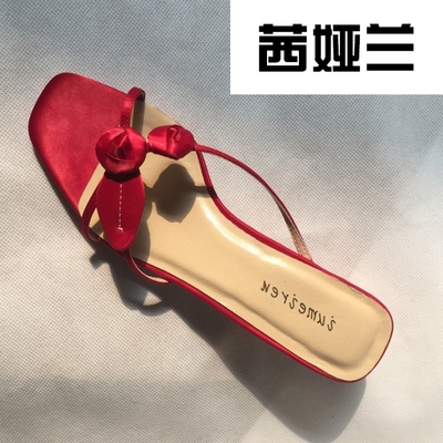 茜娅兰复古正红色玫瑰花朵绸缎露趾罗马女凉鞋 羊皮内里