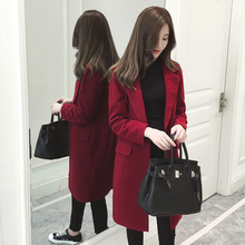 女装2018秋冬季韩版显瘦酒红色毛呢外套女中长款加棉加厚妮子大衣图片
