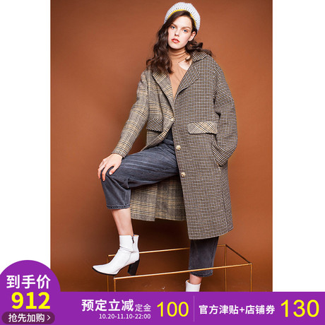 两三事双份布朗尼2018冬新款复古格子双面毛呢外套女中长款呢大衣商品大图