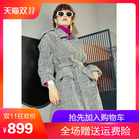 两三事自制情绪2018冬装新款时尚撞色双排扣毛呢大衣女宽松中长款商品大图