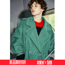 两三事光怪绿离2018秋装新款复古翻领灯芯绒风衣女宽松中长款外套图片