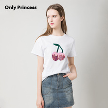t恤女短袖Only Princess白色2018新品纯棉宽松亮片植物上衣夏季