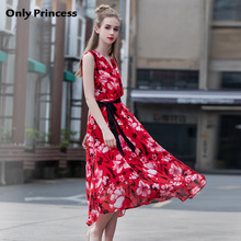 Only Princess2018夏季新款潮气质v领高腰红色花纹雪纺连衣裙