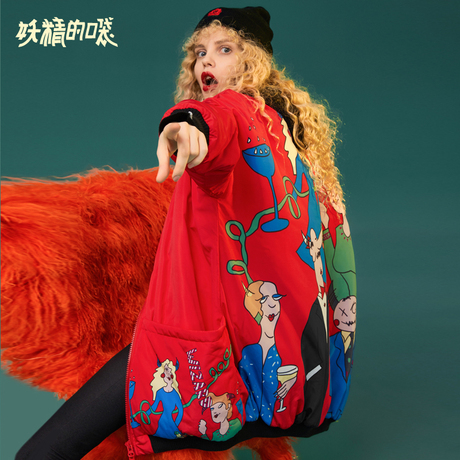 妖精的口袋冬季红色时尚棉服冬装2018新款欧货加厚中长款棉衣女商品大图