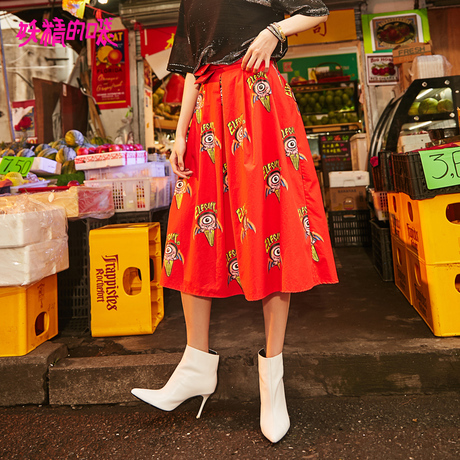 妖精的口袋原宿裙子夏装2018新款半身裙a字chic小心机中长裙女N商品大图