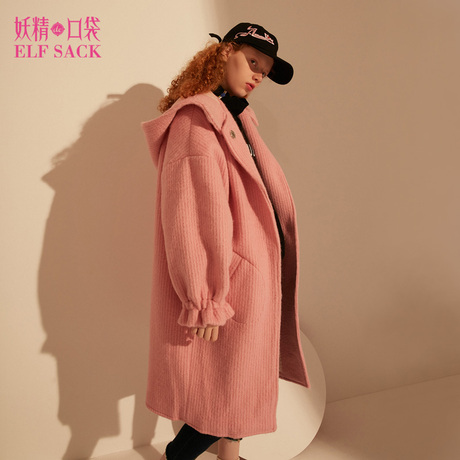妖精的口袋宝石公主 冬装新款花边落肩宽松毛呢大衣外套女长款商品大图