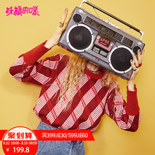通勤上衣初秋女装新款2018韩版潮学生红色格纹短款chic套头毛衣J图片