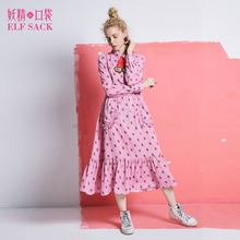 妖精的口袋白日公主梦春装2018新款碎花修身领结连衣裙女中长裙子图片