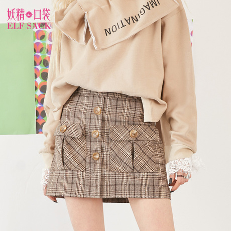 妖精的口袋春装新款运动休闲a字裙子格纹纽扣半身裙女747047商品大图
