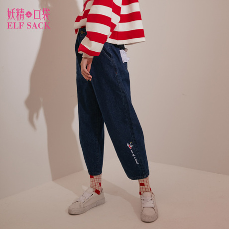 妖精的口袋冬装新款直筒裤刺绣木耳边纯棉牛仔裤女商品大图