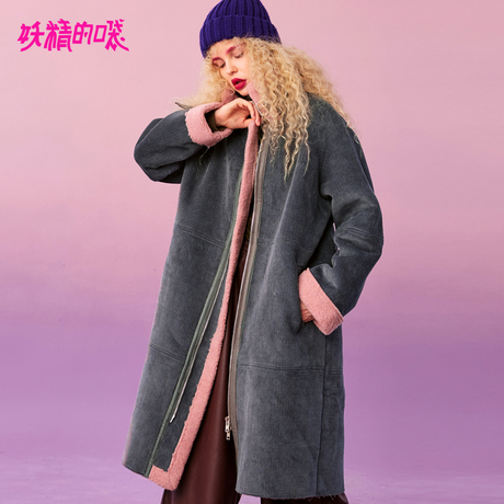 妖精的口袋时尚翻领大衣外套女冬装2018新款女装潮长款过膝仿皮草商品大图