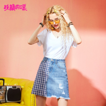 妖精的口袋牛仔短裙子 夏装2018新款少女心仙女裙a字格子半身裙女图片