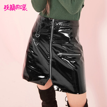 妖精的口袋漆皮裙女黑色亮面短裙子早秋装2018新款气质半身裙女图片