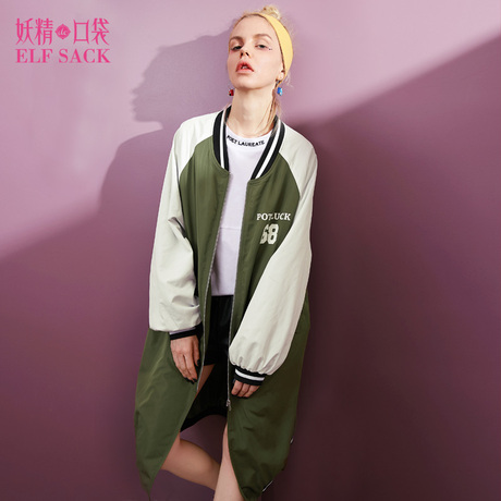妖精的口袋旗舰店秋装2018新款韩版ins棒球领字母印花风衣长款女商品大图